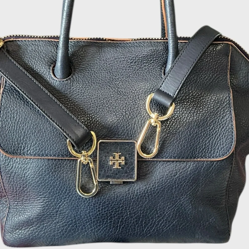 Tory Burch Clara Leather Satchel Navy Tan Trim Shoulder Strap
